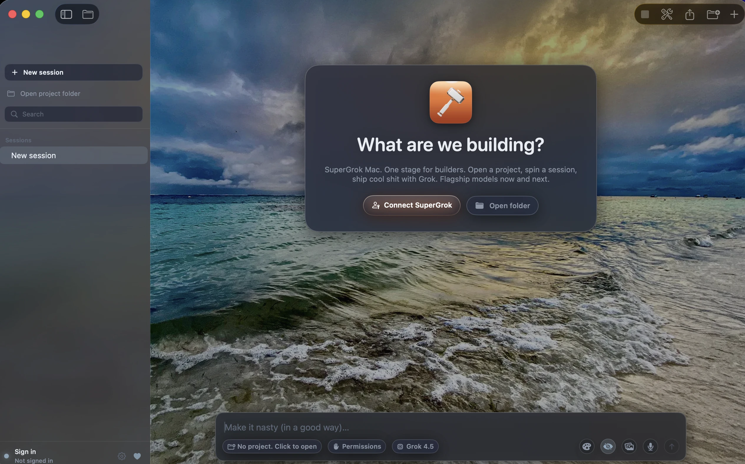 SuperGrok Mac on first launch: Storm Over Cozumel fills the stage behind the What are we building card and the Grok 4.5 composer